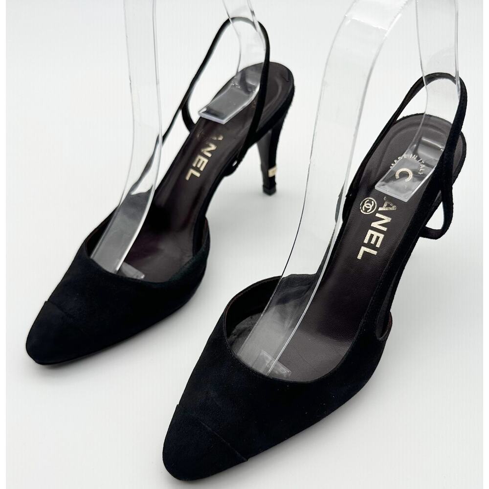 CHANEL Vintage Slingback Heels 36.5 Black Suede Gold Cap Toe CC Logo Block Heel